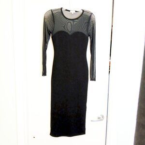 Black Bodycon Sheer Mesh Long Sleeves on Waffle Knit Midi Body Sz S